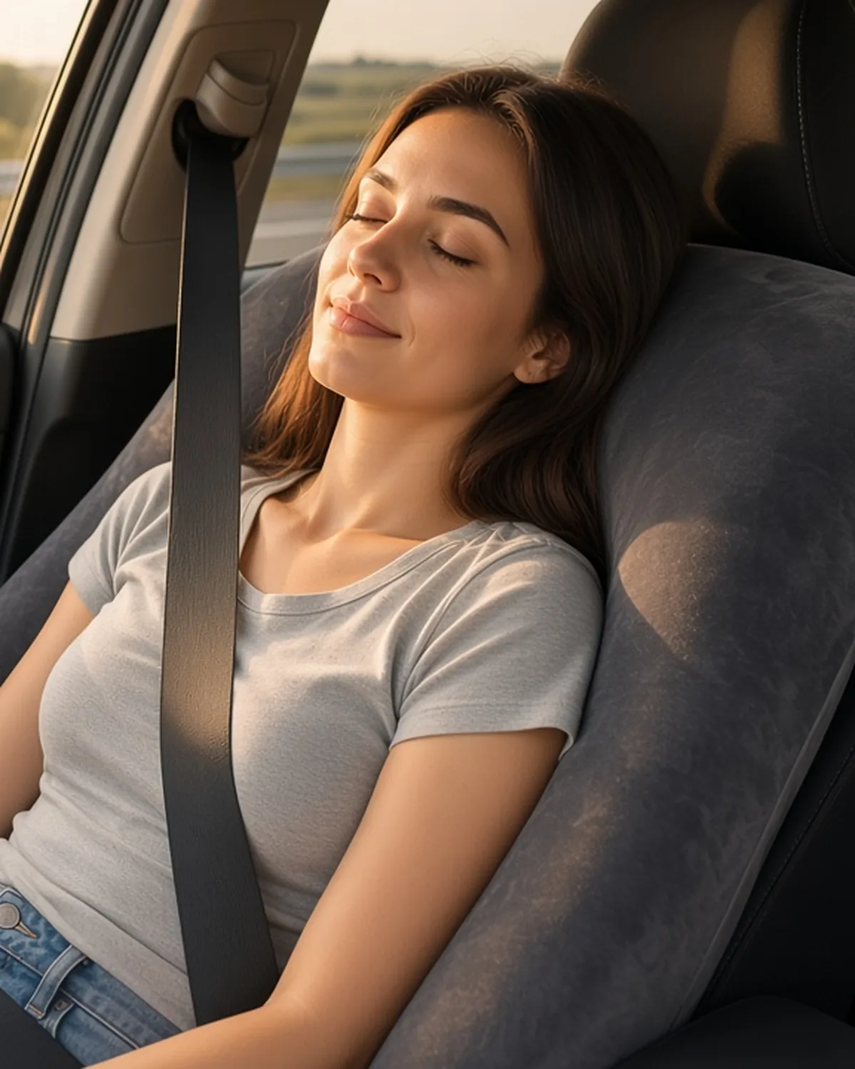copiloto dormido en el asiento reclinado con la almohada rodeando cuello y hombros y el cinturón bien colocado