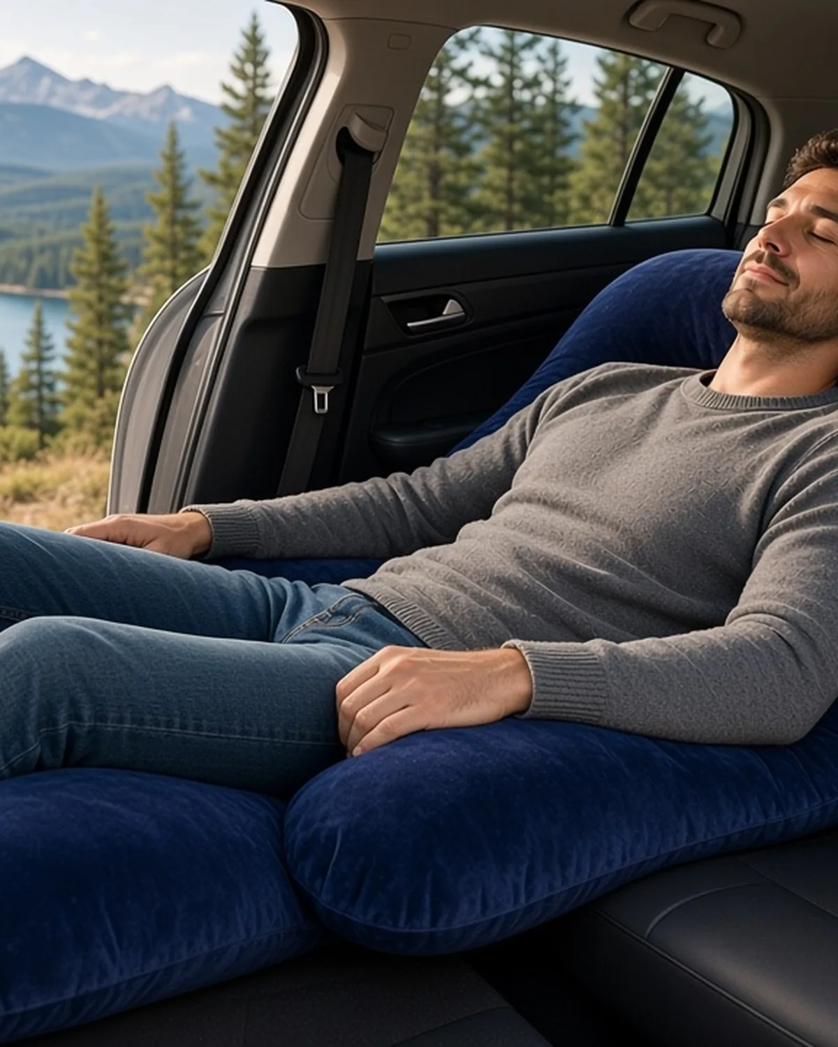 pasajero en el asiento trasero recostado en la almohada con el cinturón bien colocado